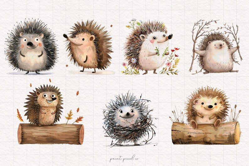 May include: Six watercolor illustrations of cute hedgehogs in various poses. Some hedgehogs are holding branches, flowers, or are sitting on logs. The illustrations are on a white background with a grid pattern.
