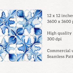 May include: Watercolor seamless pattern in shades of blue and white. The design features a repeating floral motif. The image is 12 x 12 inches and has a resolution of 3600 x 3600 px. The image is high quality at 300 dpi. The pattern is for commercial use.