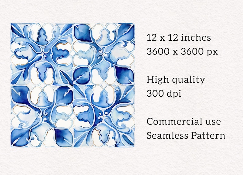 May include: Watercolor seamless pattern in shades of blue and white. The design features a repeating floral motif. The image is 12 x 12 inches and has a resolution of 3600 x 3600 px. The image is high quality at 300 dpi. The pattern is for commercial use.