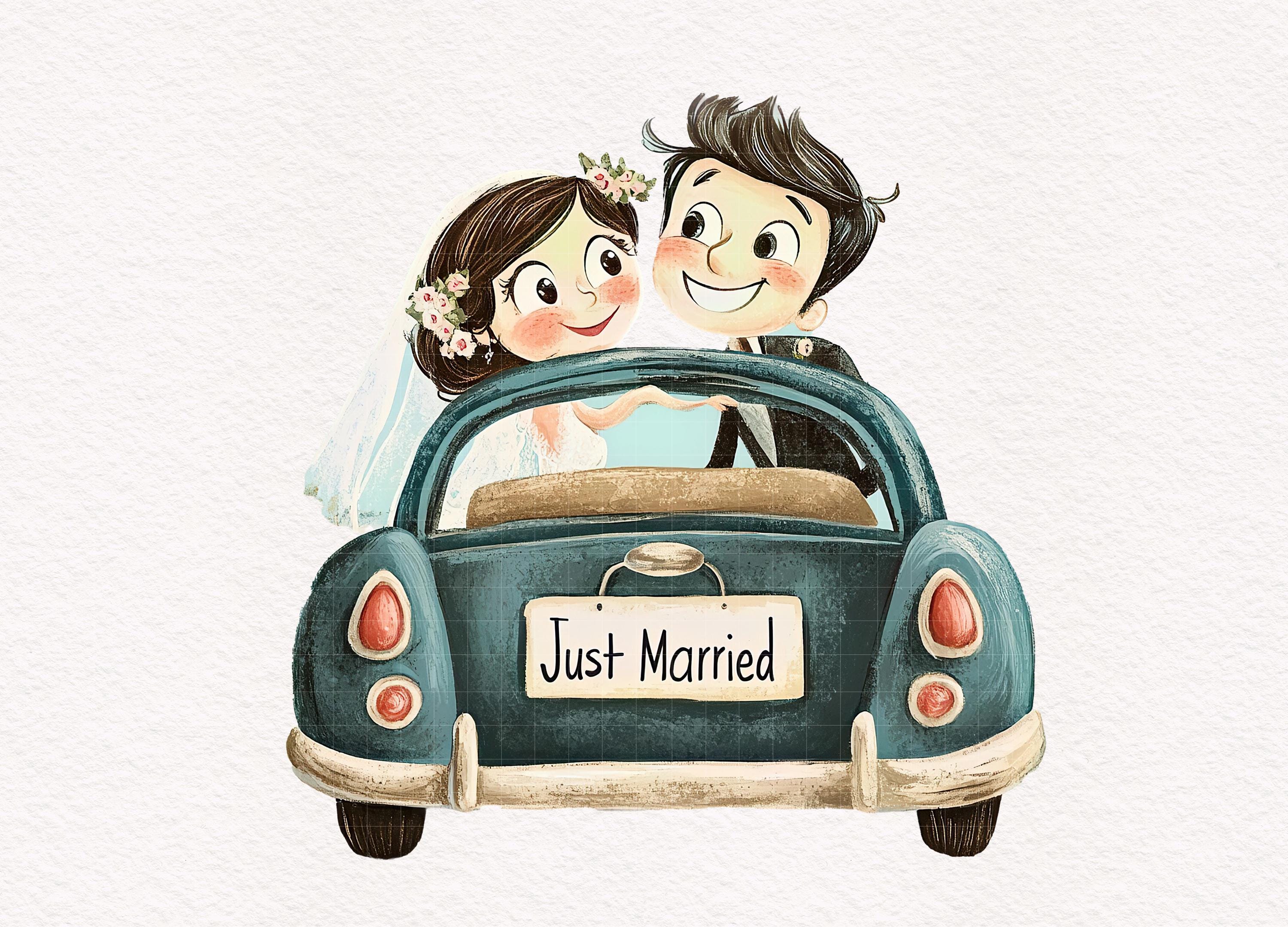 Just Married Car Clipart Whimsical Newly Wed Car PNG Cute Couple ...