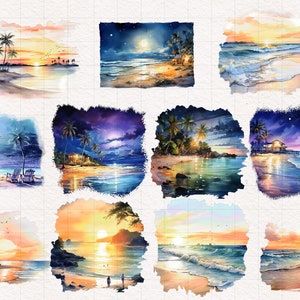 May include: A collection of ten watercolor paintings depicting tropical beach scenes. Each painting features a sunset or moonlit sky, palm trees, and a sandy beach with turquoise water. The paintings are framed in a white border.