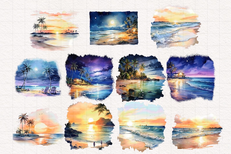 May include: A collection of ten watercolor paintings depicting tropical beach scenes. Each painting features a sunset or moonlit sky, palm trees, and a sandy beach with turquoise water. The paintings are framed in a white border.