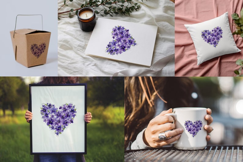 4 lila blommiga hjärtan PNG lila blommor hjärta clipart alla hjärtans dag akvarell sublimeringspapper hantverk skräpjournal kit utskrivbart högtid bild 6