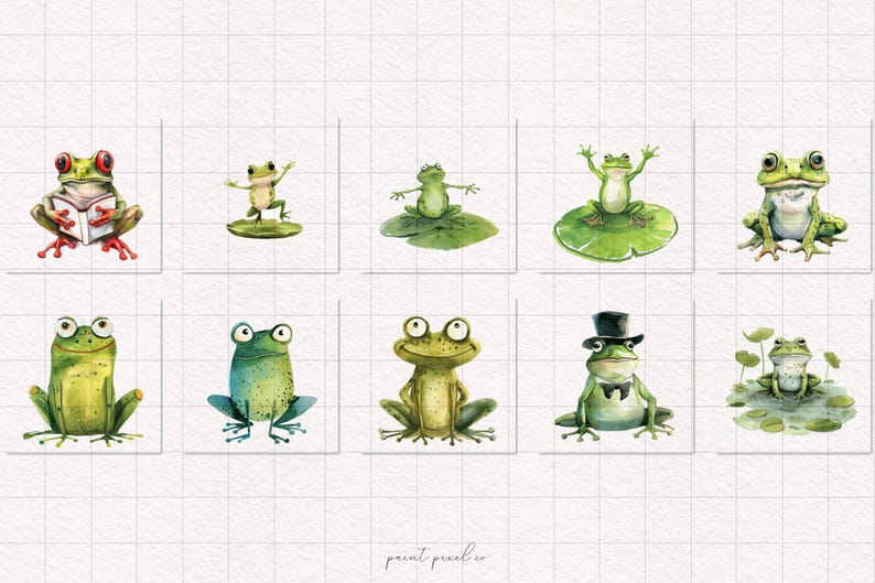 May include: A collection of nine watercolor illustrations of frogs in various poses. Some frogs are sitting, some are standing, and some are holding objects. The frogs are all green and have black eyes. The illustrations are on a white background.