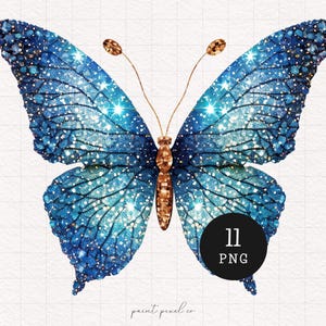 11 Farfalla blu PNG Farfalle scintillanti Clipart Adesivo farfalla Carta per sublimazione Kit per diario spazzatura Stampabile Scrapbooking
