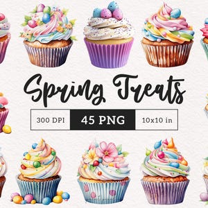 Cupcakes di primavera PNG Dolci di cupcake di Pasqua Clipart Dolci dolcetti grafica Coniglietto di Pasqua Dessert illustrazione DTF Artigianato Scrapbooking Cibo PNG