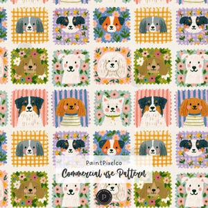 Könnte beinhalten: Ein sich wiederholendes Muster mit verschiedenen Hunderassen in quadratischen Rahmen mit floralen, karierten und gestreiften Hintergründen. Der Text PaintPixelco Commercial use Pattern ist zentriert. Die Hunde umfassen Pudel, Spaniel und Terrier.