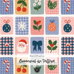 Peut inclure: Un motif répétitif composé de tuiles rectangulaires illustrant des thèmes de Noël comme des sucres d'orge, cerises, fleurs blanches, boules, flocons, houx, visages de Père Noël et nœuds bleus sur des fonds roses, bleus et jaunes avec texte.