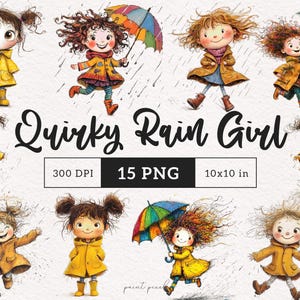 Chica peculiar bajo la lluvia clipart Chica de otoño caprichosa PNG Chica divertida con paraguas Gente caprichosa Ilustración de niña de dibujos animados de sublimación Divertida