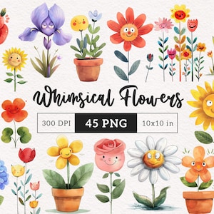 May include: A watercolour illustration of whimsical flowers with smiling faces in various colours, including red, yellow, purple, and pink. The image includes the text "Whimsical Flowers", "300 DPI", "45 PNG", and "10x10 in" (25.4 x 25.4 cm).