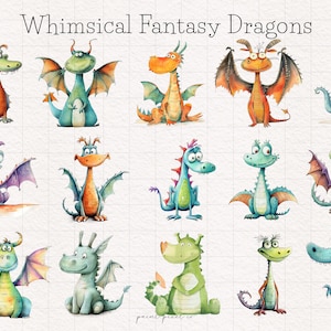 May include: Whimsical Fantasy Dragons is the title of this digital illustration featuring 15 cartoon dragons in various colors and poses. The dragons are drawn in a watercolor style on a white background with a grid pattern.