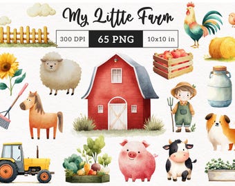 Peut inclure: Illustration à l'aquarelle avec des animaux de la ferme, une grange rouge et un tracteur jaune. L'image comprend un coq, un cochon, une vache, un mouton, un cheval et un fermier. Texte : "My Little Farm", 300 DPI, 65 PNG, 10x10 in.