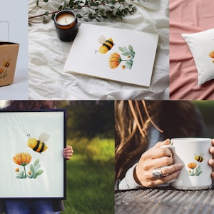 May include: A collection of items featuring a watercolor bee and flower design. Includes a takeout box, a candle, a notebook, a pillow, a framed print, and a mug. The bee is yellow and black.