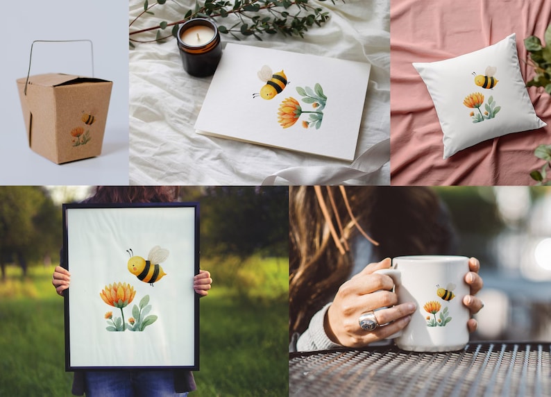 May include: A collection of items featuring a watercolor bee and flower design. Includes a takeout box, a candle, a notebook, a pillow, a framed print, and a mug. The bee is yellow and black.