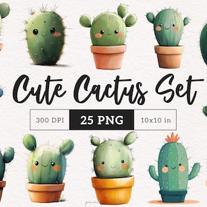 Cactus mignon plantes PNG Scandi aquarelle cactus souriant clipart amateurs de plantes du désert Sublimation papier artisanat Junk Journal Kit imprimable
