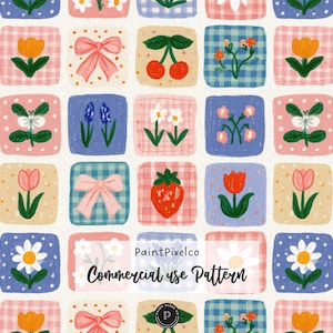 Patrón de patchwork a cuadros sin costuras para otoño - Bonito estampado floral otoñal - Uso comercial - Descarga digital
