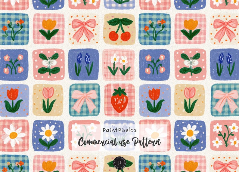 Puede incluir: Un patr&oacute;n repetitivo de azulejos cuadrados con ilustraciones de flores, cerezas, fresas y lazos rosas sobre fondos a cuadros o de lunares. El texto PaintPixelco Commercial use Pattern est&aacute; centrado sobre el dise&ntilde;o.