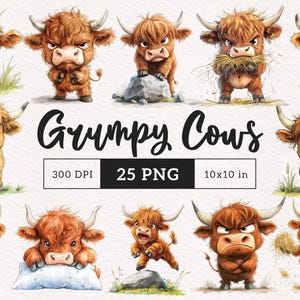 Quirky watercolor highland cow clipart Baby cow PNG Whimsical Cow Sublimation clip art Grumpy cow PNG graphics Angry cow illustration Tshirt