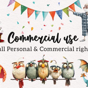 Pu&ograve; includere: Un set di illustrazioni digitali colorate con una variet&agrave; di personaggi, tra cui una torta fantasiosa, un drago amichevole, un uccello stravagante e un uomo in pigiama. Il testo "Commercial use Full Personal & Commercial rights" &egrave; visualizzato sotto i personaggi.