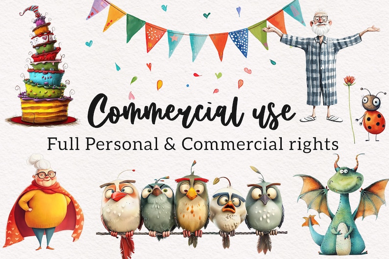 Pu&ograve; includere: Un set di illustrazioni digitali colorate con una variet&agrave; di personaggi, tra cui una torta fantasiosa, un drago amichevole, un uccello stravagante e un uomo in pigiama. Il testo "Commercial use Full Personal & Commercial rights" &egrave; visualizzato sotto i personaggi.