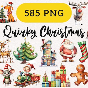 Quirky Christmas Clipart Whimsical Holiday graphics xmas PNG Sublimation clip art Silly graphics elongated House Santa Funny Reindeer DTF
