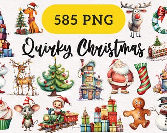 Quirky Christmas Clipart Whimsical Holiday graphics xmas PNG Sublimation clip art Silly graphics elongated House Santa Funny Reindeer DTF