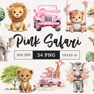 Animais Safari Rosa PNG Cute Wildlife Clipart Africano Safari jipe Sublimação Animais em balanço Menina safari Aniversário ilustração gráfica