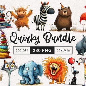 Quirky Animals PNG Clipart Bundle Whimsical Safari animals dog cat dinosaur Sublimation clip art Whimsy Birthday graphics Silly illustration