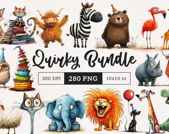 Quirky Animals PNG Clipart Bundle Whimsical Safari animals dog cat dinosaur Sublimation clip art Whimsy Birthday graphics Silly illustration