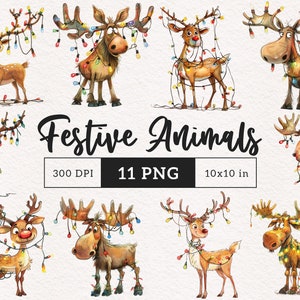 Quirky Reindeer Funny Moose Clipart Caprichosos gráficos navideños Navidad PNG Sublimación clip art Animales tontos enredados en gráficos de luces DTF