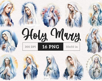 Watercolor Virgin Mary Praying Clipart Lady of Fatima PNG clip art Holy Mary PNG Catholic Sublimation Devotional graphics Paper crafts DTF