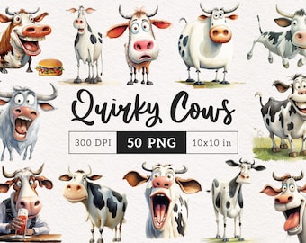 Quirky Cow Clipart PNG Whimsical Cows Sublimation clip art Farm animals Whimsy graphics Funny Pets Silly illustration Dairy cattle Crazy
