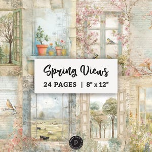 May include: A collage of watercolor illustrations featuring window views with spring themes. The images include trees, birds, flowers, and landscapes. The text "Spring Views" is displayed, along with "24 PAGES | 8" x 12".