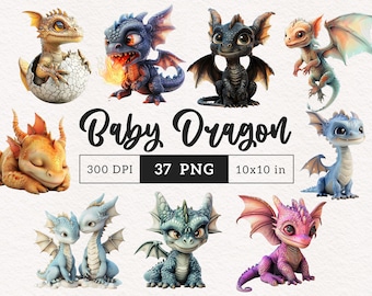 Ensemble de cliparts PNG bébé dragon fantaisiste mignon dragons cracheur de feu clipart sublimation illustration graphique garçon fantaisiste Journal indésirable