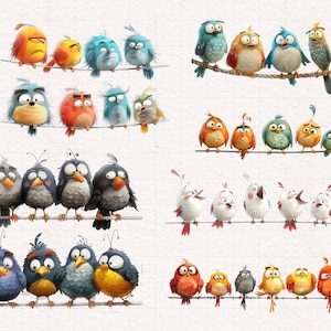 May include: A digital illustration of various cartoon birds perched on branches. The birds are in different colors, including red, blue, yellow, and green. Some of the birds have angry expressions, while others have more neutral expressions.