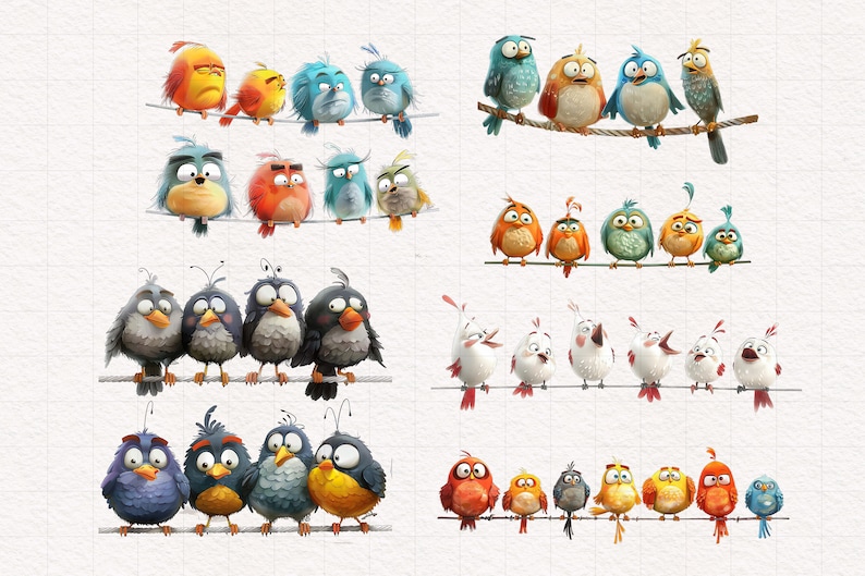 May include: A digital illustration of various cartoon birds perched on branches. The birds are in different colors, including red, blue, yellow, and green. Some of the birds have angry expressions, while others have more neutral expressions.