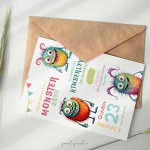 Pu&ograve; includere: Un invito colorato per un Monster Bash per celebrare il quinto compleanno di Kimberley. L'invito presenta tre mostri dei cartoni animati con colori vivaci e dettagli divertenti. Il testo sull'invito recita: "Unisciti a noi per un Monster Bash per celebrare il quinto compleanno di Kimberley. Sabato 23 ottobre, 123 Anywhere Street, Any City."