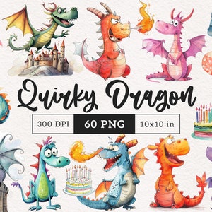 Skurrile Drachen-Cliparts, Fantasy, lustige Drachen, PNG, skurriler Geburtstagsdrache, fliegender Sublimierung, Burg, launische, magische Kreaturen-Illustration