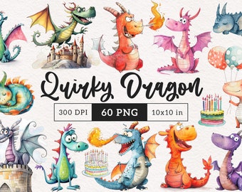 Quirky Dragon clipart Fantasy Funny Dragons PNG Whimsical Birthday Dragon Flying Sublimination Castle Whimsy Magical creatures illustration