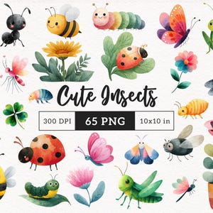 May include: A collection of watercolour illustrations featuring insects such as ladybirds, butterflies, and bees, alongside flowers and foliage. The text reads "Cute Insects". The image dimensions are 10x10 inches and 300 DPI.