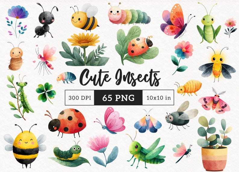 May include: Watercolor illustrations of various insects, including a ladybug, butterfly, bee, and caterpillar, along with flowers and leaves. The text "Cute Insects" is displayed. The image is 10x10 inches and 300 DPI.