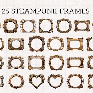 May include: 25 Steampunk Frames: A collection of 25 digital frames in a steampunk style. The frames are made of metal and have a variety of shapes, including circles, squares, and hearts. They are decorated with gears, cogs, and other steampunk elements.
