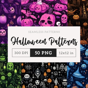 Peut inclure: Un ensemble de 50 motifs sans couture sur le thème d'Halloween avec des citrouilles, des crânes, des fantômes, des chapeaux de sorcières et d'autres éléments effrayants. Les motifs mesurent 30,5 x 30,5 cm et 300 DPI.