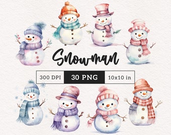 Snowman PNG clipart Winter crafts sublimation Watercolor xmas clip art Holiday cards Christmas Festive Graphics PNGs Snowmen scrapbooking
