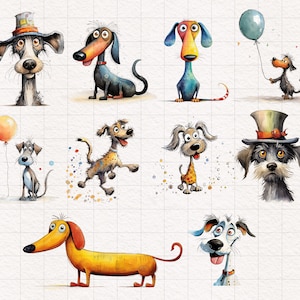 K&ouml;nnte beinhalten: Aquarellillustrationen verschiedener Cartoon-Hunde in unterschiedlichen Posen. Ein Hund tr&auml;gt einen Zylinder, ein anderer h&auml;lt einen Ballon, und andere werden mit verspielten Ausdr&uuml;cken dargestellt. Die Hunde sind in Braun-, Schwarz-, Blau- und Gelbt&ouml;nen gehalten.