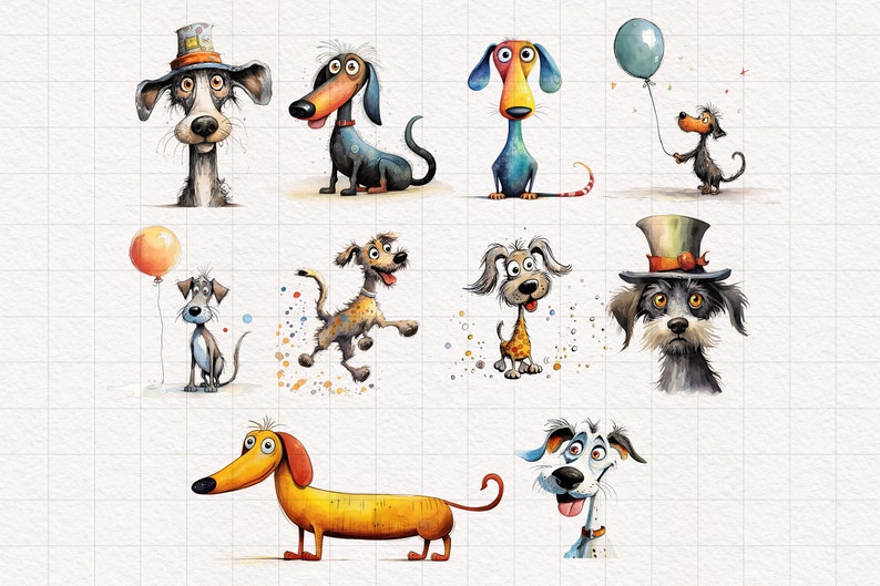 K&ouml;nnte beinhalten: Aquarellillustrationen verschiedener Cartoon-Hunde in unterschiedlichen Posen. Ein Hund tr&auml;gt einen Zylinder, ein anderer h&auml;lt einen Ballon, und andere werden mit verspielten Ausdr&uuml;cken dargestellt. Die Hunde sind in Braun-, Schwarz-, Blau- und Gelbt&ouml;nen gehalten.