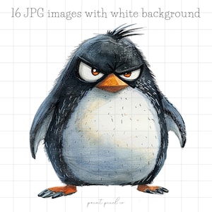 16 eigenzinnige pinguïn JPG Clipart wintervogels arctische grillige aquarel pinguïns knorrige eigenzinnigheid kaarten maken Mixed Media JPGs commercieel gebruik