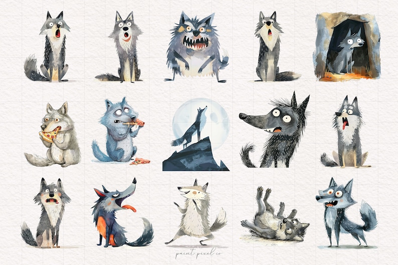 Puede incluir: Un conjunto de 15 ilustraciones de acuarela de lobos en varias poses y expresiones. Los lobos est&aacute;n representados en un estilo de dibujos animados con rasgos exagerados. Algunos lobos a&uacute;llan a la luna, otros comen pizza y algunos simplemente tienen un aspecto tonto.