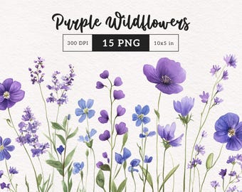 Purple Wild Flower borders clipart floral Watercolor Purple wedding Wildflowers Sublimation Meadow summer Digital paper craft Commercial use