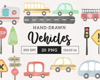 Handdrawn Vehicle clipart PNG Watercolor vehicles race car clip art Pastel Fire engine ambulance bus traffic signal Transport illustrations
